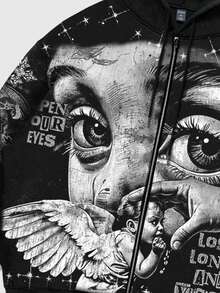 ROMWE MEN Street Life Sudadera con capucha con estampado de eslogan de ángel callejero para hombres - Negro - Ver 5