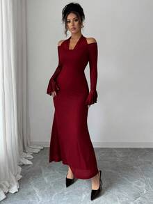 Elenzga Women's Elegant Halter Neck Patchwork Flare Sleeve Long Sleeve Dress, Autumn - Burgundy - View 7