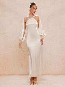 Lumalex VITNOS 新款可调节露背吊带长袖连衣裙，金属装饰，修身鱼尾设计 - 杏色 - 查看 7