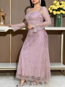 Feyla Plus Size Elegant Solid Color Lace Dress Vestidos Elegantes Para Fiesta - Pink - View 5