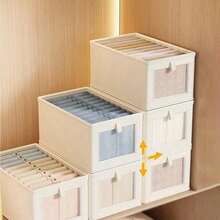 Large Storage Basket | Sturdy Fabric Wardrobe Storage Box With Transparent Window For Organization | Foldable Home Storage With Lid, Beige, Grey - Multicolor - View 4