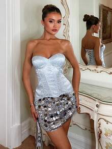 Glamine Charm SHEIN Glamour 女士蓝色提花性感抹胸胸衣，带衬垫罩杯，裹胸设计，派对露脐胸衣上衣，浅蓝色，夏季优雅派对上衣 - 藍色 - 查看 4