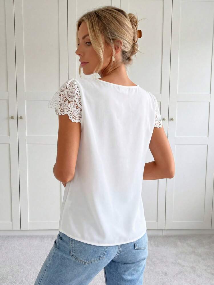 White Contrast Guipure Lace Sleeve Blouse,Short Sleeve Tops,Casual