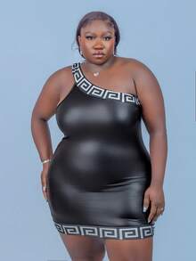 CurvyTilda 女士优雅单肩黑色针织紧身连衣裙，带几何图案，弹性皮革 - 黑色 - 查看 4