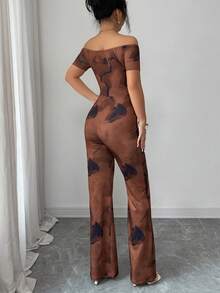 Rafferiza Women's Elegant Niche Coffee Brown Tie Dye Print Elastic Off-Shoulder Cinched Waist Bodycon Short Sleeve Jumpsuit - Coffee Brown - View 2
