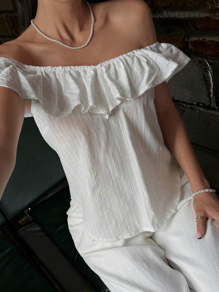 Women's Summer Off-Shoulder Textured Fabric Casual Pullover Shirt