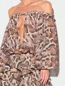 KIZN Women's Snake Print Chiffon Off Shoulder Long Sleeve Ruffled Blouse With Voluminous Sleeves And Tiered Ruffle Details For Fall Winter Party Evening - Brown - View 5
