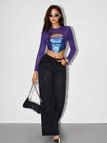 SHEIN ICON Camiseta corta asimétrica con recorte frontal de malla de PU negro - Morado - Ver 5