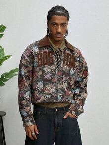 GALLERY FADE 男士短款哈灵顿夹克，提花撞色灯芯绒，“波士顿”城市标志刺绣贴片，秋冬翻领拉链夹克 - 彩色 - 查看 4