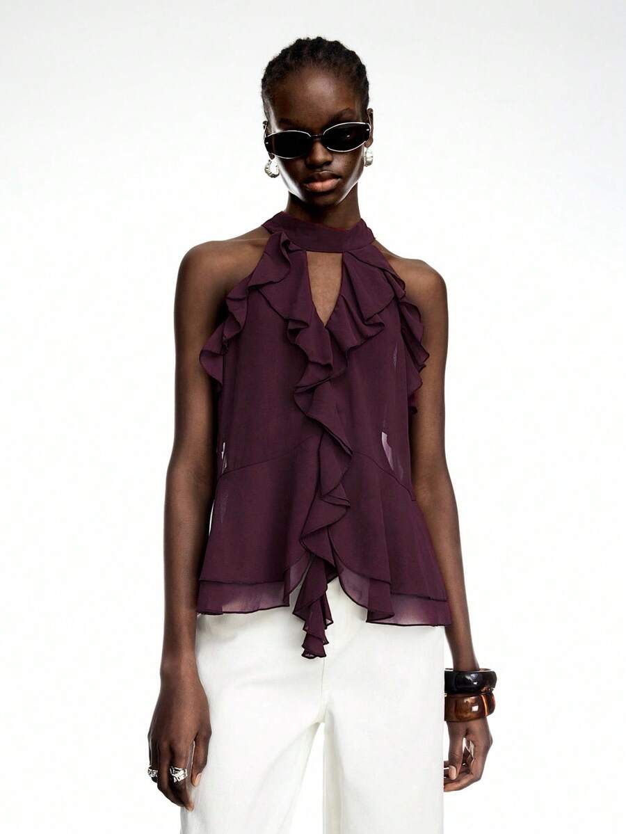 LYSMO 2026 Neue Feigenfarbe Rüschen Saum Chiffon Rückenbindung Bluse - Boho-Stil Sommer Design - Rot-violett - Übersicht 1