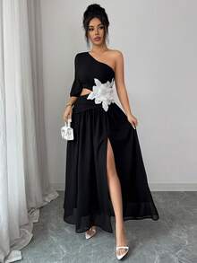 Elenzga Asymmetrisk klänning med blommig utskärning och slits i midjan för kvinnor - Svart - Visa 4