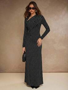 COSMINA Women's Polka Dot Elegant Waist Cinching Long Party Dress - Black and White - View 1