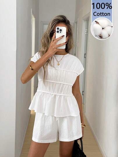 Easowa Summer Casual Cotton Commute Solid Color Shirt & Shorts Set White Elegant Women's Sets White Shirt