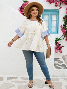 SHEIN CURVE+ Curve 尺码 US22 音乐节、海滨度假、波西米亚风女士休闲度假条纹V领拼接柠檬印花A-List Doll衬衫 - 彩色 - 查看 9