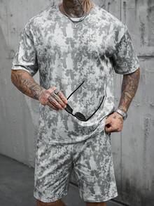 Manfinity CasualCool Bộ đồ nam phong cách vintage INS gồm áo thun ngắn tay và quần short nhuộm tie-dye, thích hợp cho những buổi đi chơi hàng ngày, món quà tuyệt vời dành cho gia đình và bạn bè. - Xám - Xem 3