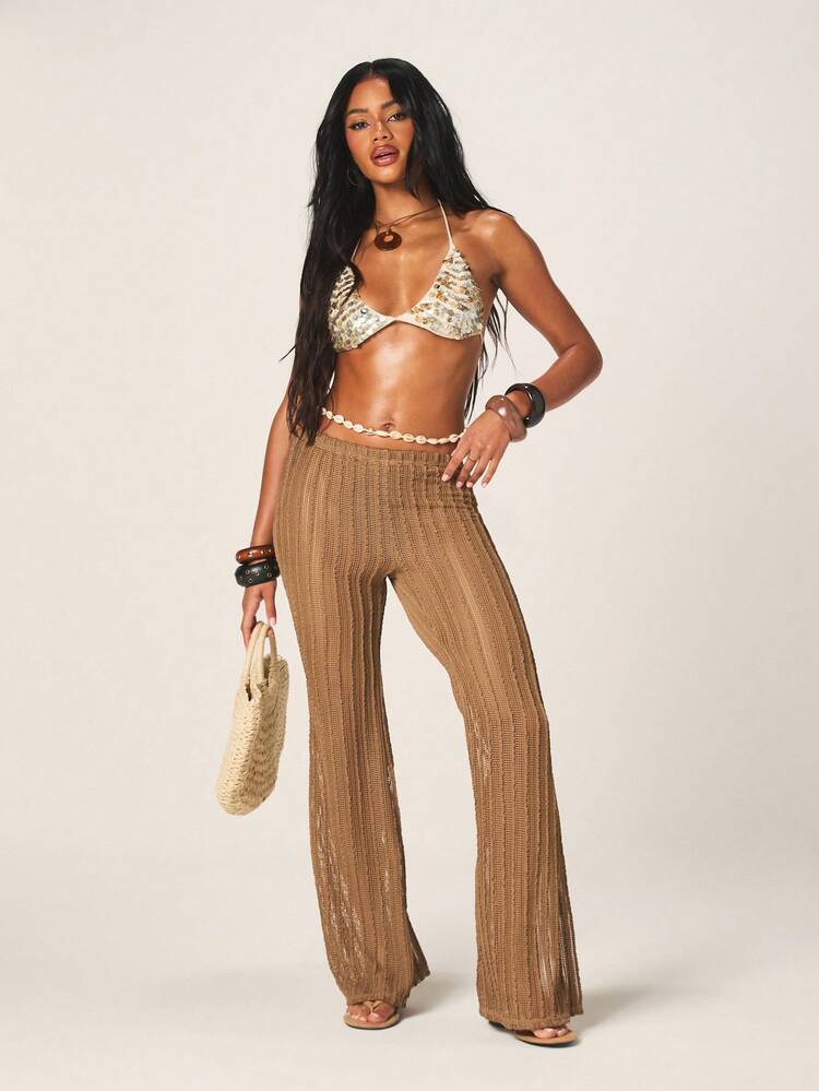 MISSGUIDED Women's Knit Beach Cover Up Wide Leg Pants With Ribbed Texture For Summer Vacation Resort Pool