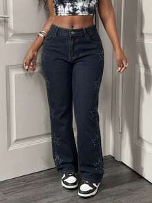 Slaydiva Summer Women's Party Casual Summer Vacation Outfits For Women Pocketed Rhinestone Star Casual Versatile Flare Leg Jeans - Blue - View 4