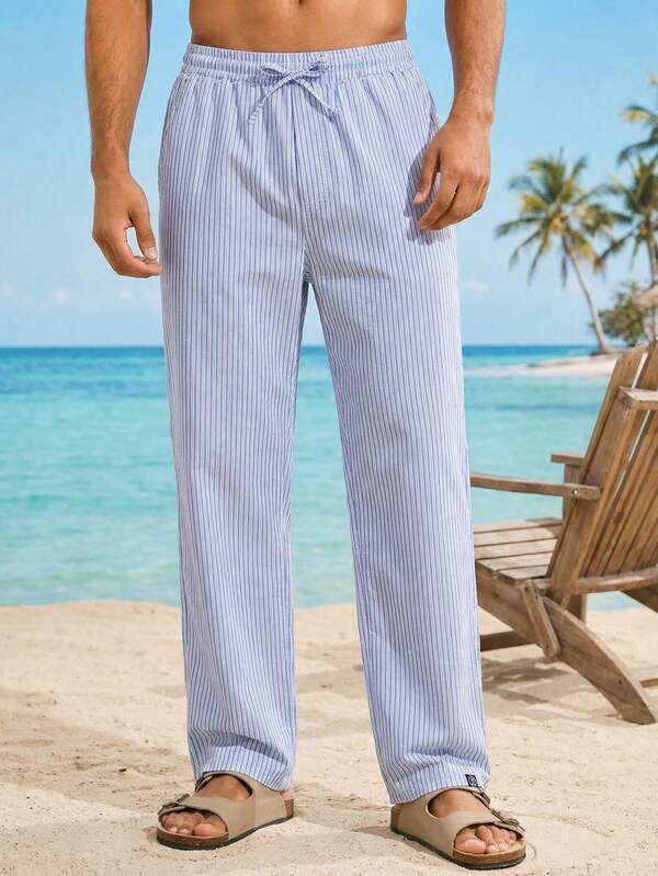 HIMLAND Men's Drawstring Waist Striped Straight Loose Casual Pants Beach Pants For Men Summer Pants For Men Mens Linen Bottoms Men Vacation Pants Men Pajama Pant