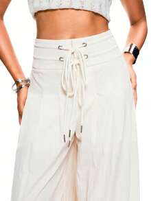 TypaGal 女士纯色系带阔腿宽松休闲裤 - 白色 - 查看 5