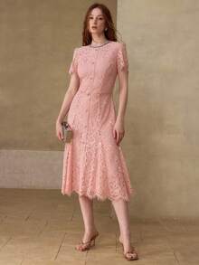 MOTF PREMIUM NEW SUMMER PINK BOW DECOR PEARL ROUND NECK LACE DRESS, ELEGANT LACE DRESS FOR WOMEN - Pink - View 9