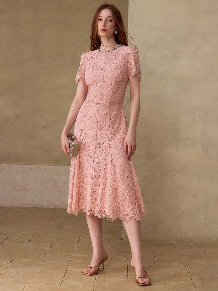NEW SUMMER PINK BOW DECOR PEARL ROUND NECK LACE DRESS, ELEGANT LACE DRESS FOR WOMEN