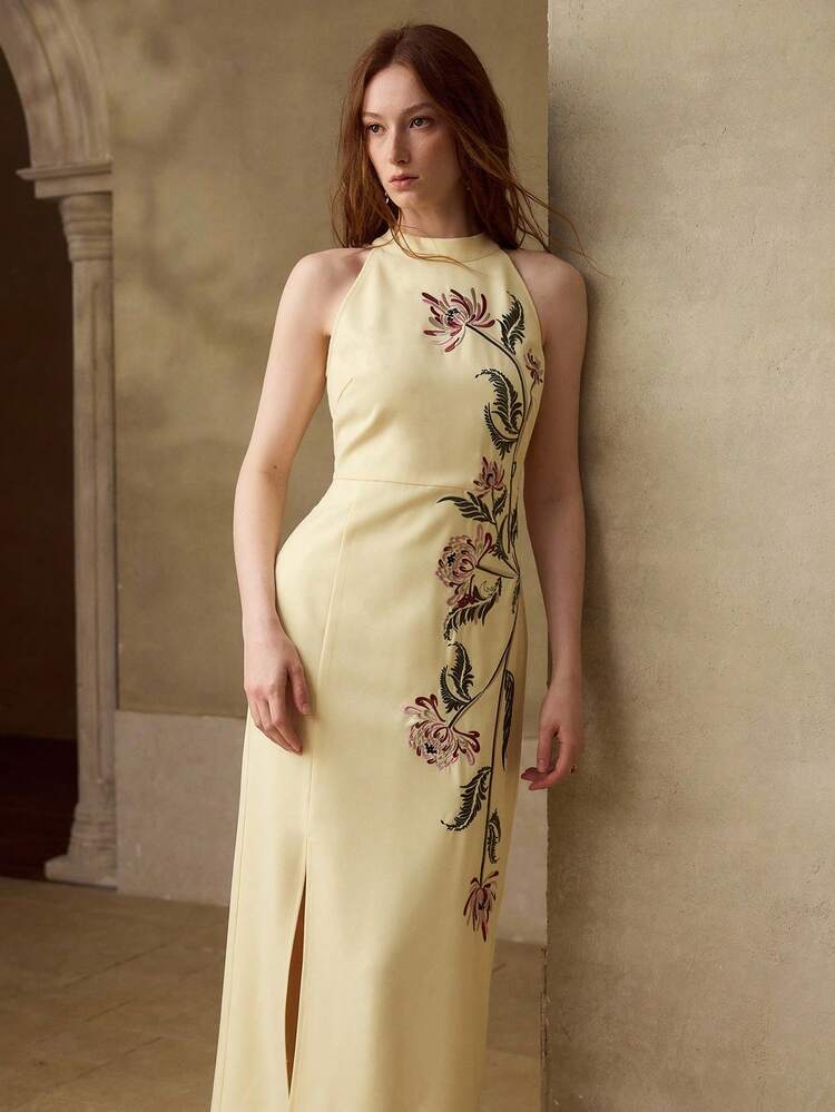 꽃 자수 스플릿 허벅지 드레스