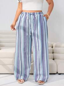 Solflare Pantalones de pierna ancha con bolsillos y cintura con lazo a rayas para mujer de talla grande, para primavera/verano - Multicolor - Ver 3