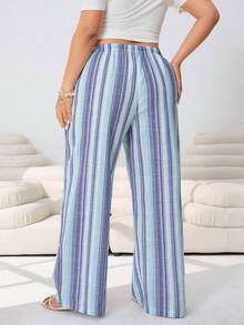 Solflare Pantalones de pierna ancha con bolsillos y cintura con lazo a rayas para mujer de talla grande, para primavera/verano - Multicolor - Ver 2
