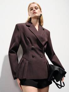 Aveloria Modichic 新款女士平驳领OL职业宽肩褶裥下摆长袖西装外套 - 咖啡棕 - 查看 1