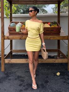 SHEIN SunnyBelle 女士时尚优雅百搭黄色露肩短袖修身上衣和迷你裙两件套，夏季 - 黃色 - 查看 5