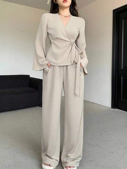 DAZY Women's Solid Color Wrap Tie Long Sleeve Jacket And Wide Leg Pants Suit Set