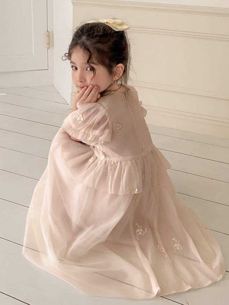 Girls Toddler Short Sleeve Embroidered Floral Dress, Princess Style Sweet And Fashionable