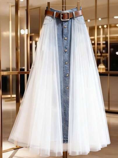 GlowEve Women's Mesh Patchwork Button Decor Versatile Date Casual Denim Mini Skirt