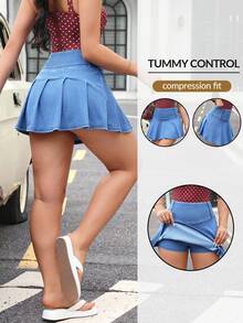 Flexra 女士褶裥百搭休闲牛仔短裙 - 藍色 - 查看 2