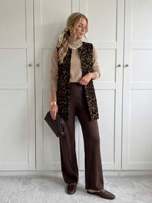 Easowa 女士休闲豹纹圆领开衫背心外套，适合秋冬季节，休闲百搭 - 彩色 - 查看 3