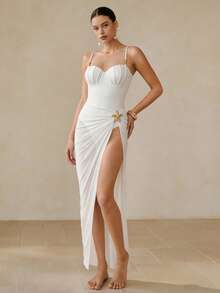 Swim Oasis 两件套纯色吊带连体泳衣，海星装饰长裙，贝壳胸型塑形，适合派对、海滩约会、休闲度假 - 白色 - 查看 6