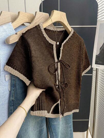SHEIN Franclia Casual Loose Round Neck Short Sleeve Knitted Top With Front Tie Design And Contrast Trim, Khaki, Spring/Summer For Women Brown Knit Top Coffee Brown Top Knit Tops Chocolate Brown Top Brown Sweater Tie Front Sweater Short Sleeve Cardigan