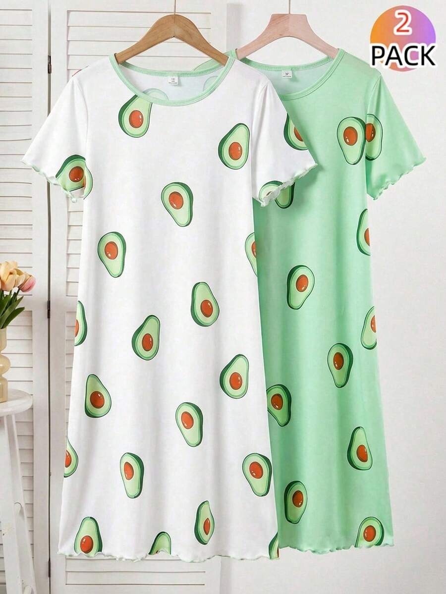 2pcs Teen Girls Avocado Print Pajama Dress, Minimalist Design For Easy Matching, Stretchy And Breathable Knit Fabric, Machine Washable, Comfortable Fit, And Easy Care (Sold Separately) Cute Tops For Summer Teen - Green - View 1