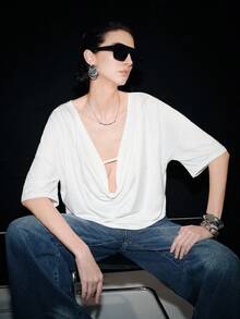 Lumivelle Women's Elegant Sheer Half Sleeve Scoop Neck T-Shirt, Suitable For Outing And Vacation In Summer - White - View 3