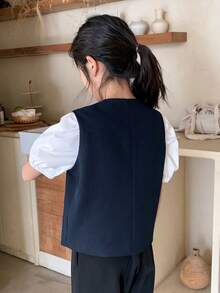 DAZY Tween Girls Casual Solid Color Round Neck Sleeveless Fitted Jacket, Spring/Summer - Navy Blue - View 2