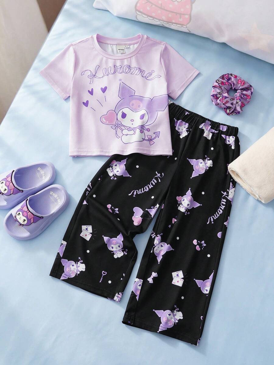 HELLO KITTY AND FRIENDS | SHEIN 女童可爱卡通字母图案短袖T恤长裤睡衣套装，春夏秋季 - 淡紫色 - 查看 1