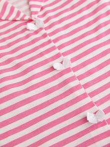 SHEIN Set pigiama casual da donna in 2 pezzi, composto da camicia a maniche corte con fiocco e bottoni e pantaloncini, in cotone rosa con motivo a righe - Rosa - Visualizzare 6