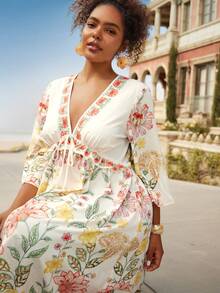 Travachic Rochie maxi cu mânecă lungă și imprimeu floral tropical pentru femei, mărime mare, rochie lejeră cu papion, decolteu în V, spate fără bretele, rochie cu decor cu volane, rochie romantică pentru sărbători și întâlniri insulare - Multicolor - Vizualizare 3
