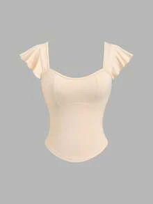 Sweetra Women's Light Yellow Knit Square Neck Cap Sleeve Fitted T-Shirt, Summer - Light Yellow - View 1