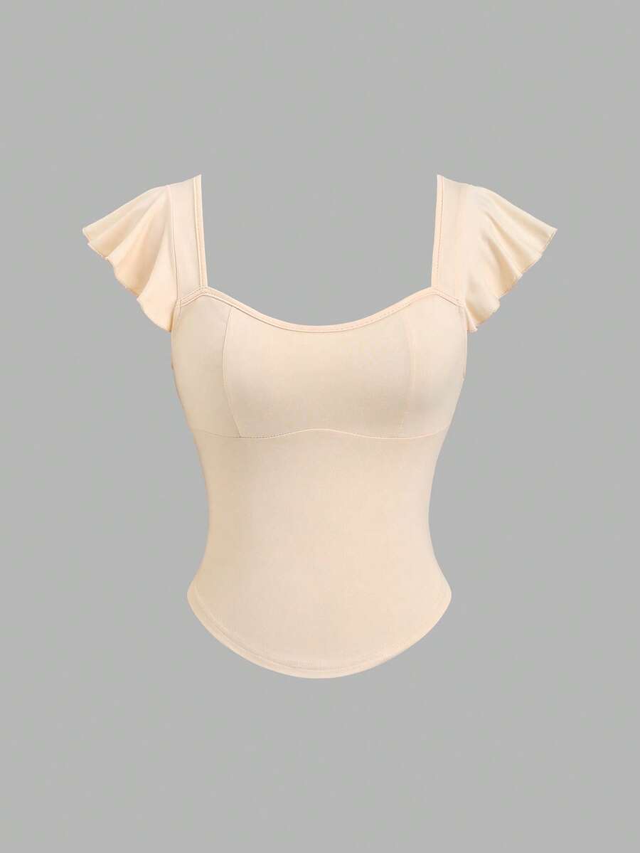 Sweetra Women's Light Yellow Knit Square Neck Cap Sleeve Fitted T-Shirt, Summer - Light Yellow - View 1