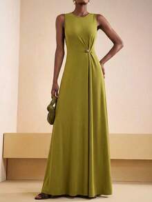 Zivah 2026春夏新款休闲通勤风纯色芥末黄圆领扭结露背女式长裙。适合度假、旅行、西部风情、海滩、游牧生活、约会、情人节、婚礼季、海滩、节日、日常出行、派对、购物、机场穿搭和早午餐穿搭。 - 芥末黃 - 查看 3