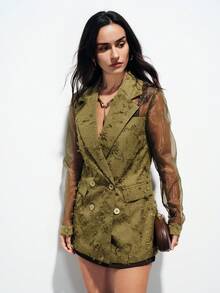 Aveloria Modichic 百搭优雅通勤风欧根纱拼接特殊流苏面料透视双排扣女士西装外套 - 綠色 - 查看 7