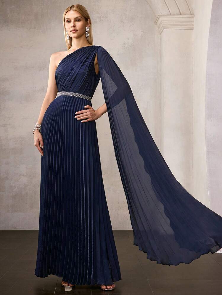 ELEGANT DEEP BLUE EXTRA LONG SLEEVE ASYMMETRIC NECKLINE MAXI PARTY GOWN FOR WOMEN | WAIST RHINESTONE EMBELLISHMENTS, PLEATED FABRIC, BODYCON FIT FOR NEW YEAR, VALENTINE'S DAY, FORMAL PARTIES, GALAS & CELEBRATIONS
