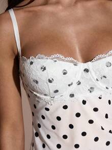 SHEIN BAE Polka Dot Print Sheer Lace Patchwork Camisole - White - View 7