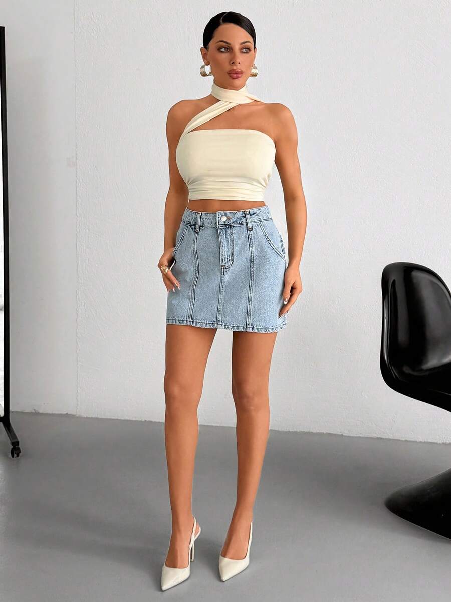SHEIN Saia jeans de cintura alta, 100% algodão, com lavagem especial. - Lavagem Média - Ver 1
